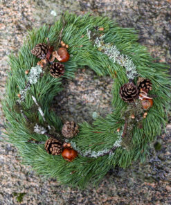 Kaunis kotimainen hautakranssi haudalle tai muistopaikalle. Kranssi on on käsityönä tehty ja siinä on käytetty kestäviä kotimaisia havuja, syyskasveja, sekä muita luonnonmateriaaleja.