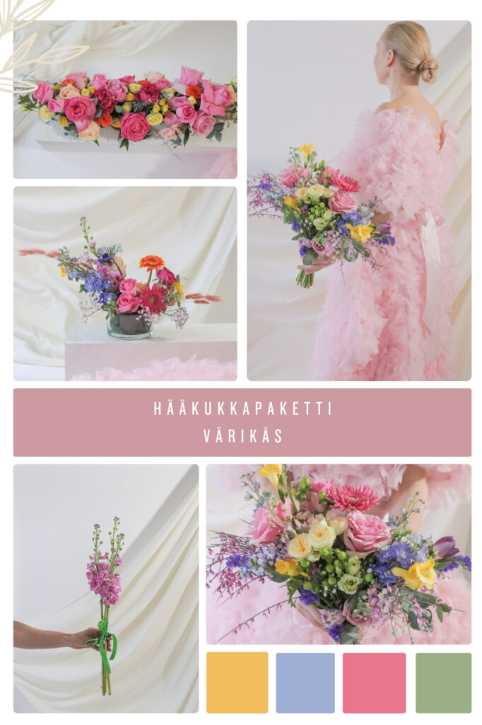 Kuvakollaasi värikkäistä hääkukista, sekä väripaletti
