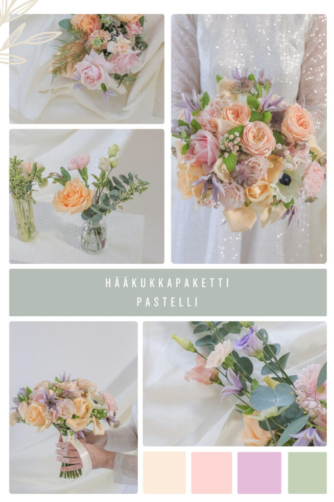 Kuvakollaasi pastellin sävyisistä hääkukista.