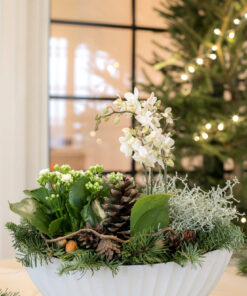 kaunis valkoinen jouluistutus jossa tulilatvaa,orkdieaa,hopealankaa